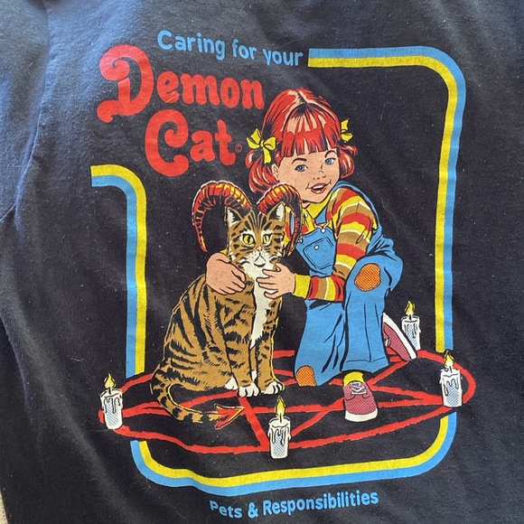 😈Steven Rhodes black sz S/M “Caring for your Demon Cat” short sleeve t shirt. - Picture 5 of 8